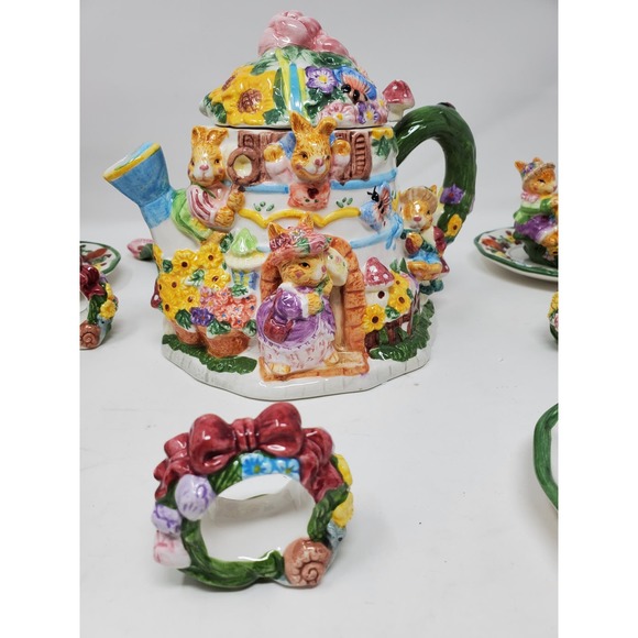 Springtime Tea Set 19pc Set New Open Box Rabbits Bunny Working Set - Picture 7 of 14